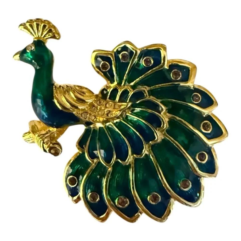 Swarovski Swan Signed Gold Enamel Crystal Peacock Bird Brooch Pin